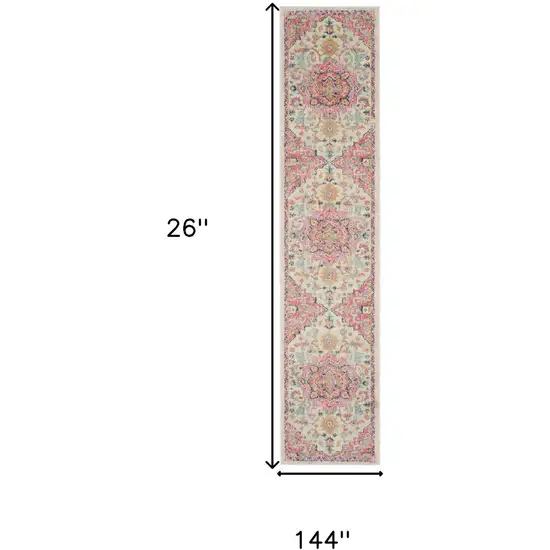 12' Ivory Pink And Red Floral Runner Rug Photo 3