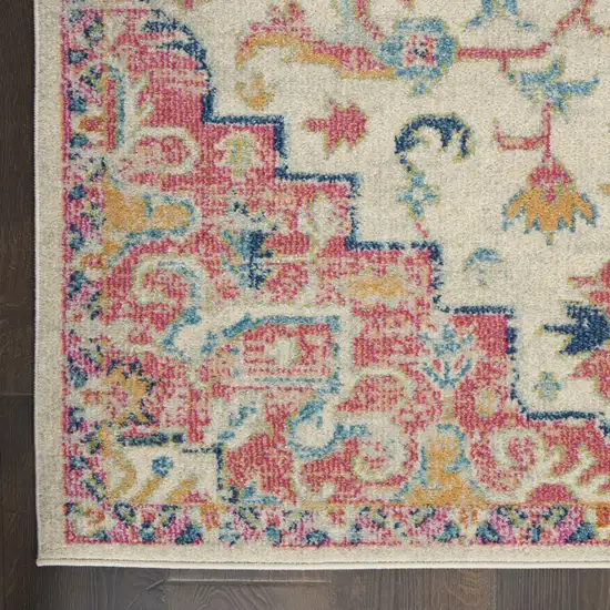 12' Ivory Pink And Red Floral Runner Rug Photo 8