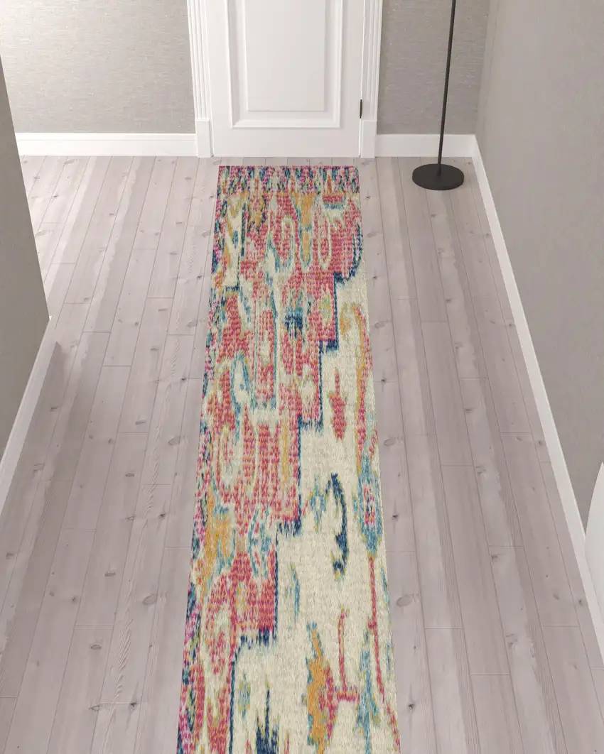 12' Ivory Pink And Red Floral Runner Rug Photo 1