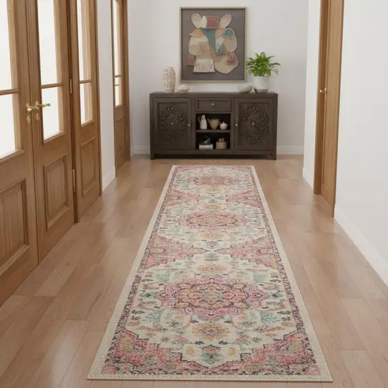 12' Ivory Pink And Red Floral Runner Rug Photo 1