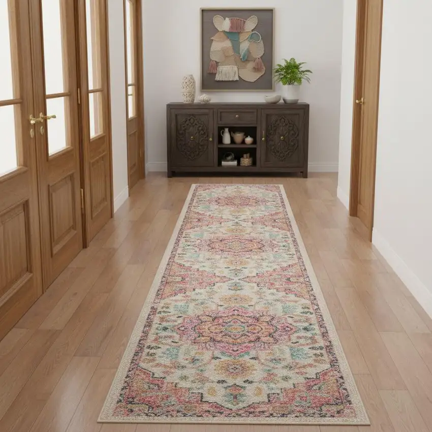 12' Ivory Pink And Red Floral Runner Rug Photo 1