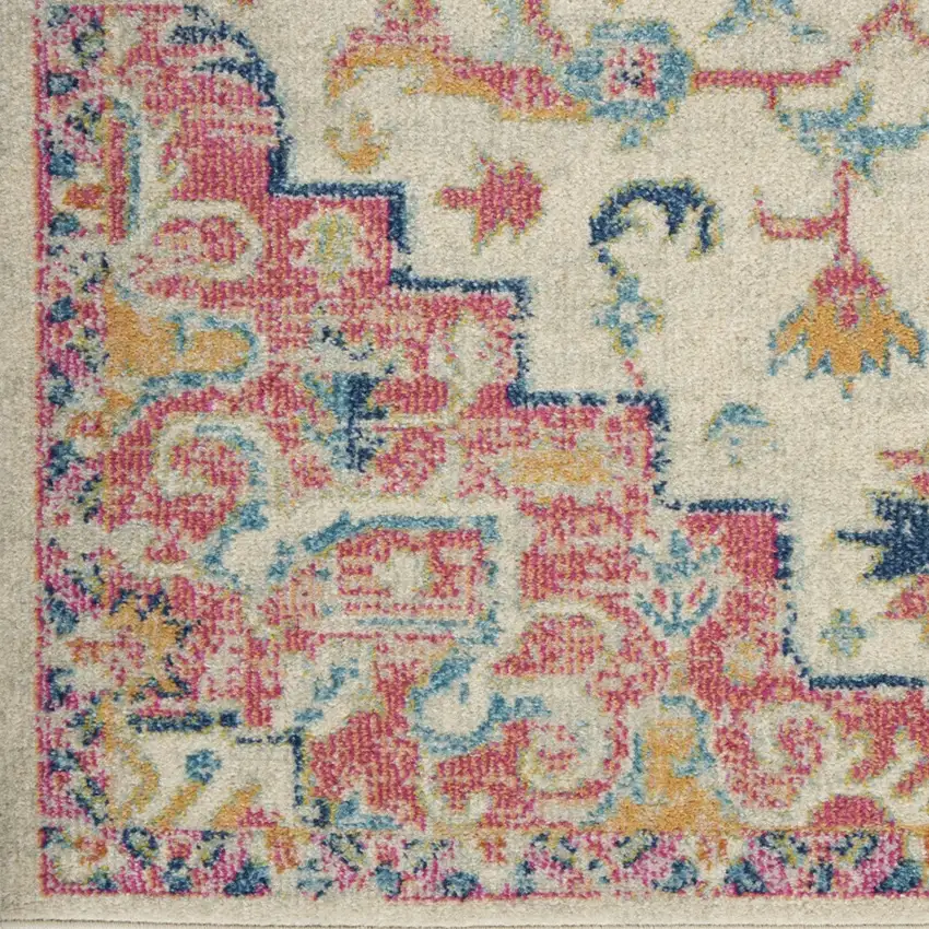 12' Ivory Pink And Red Floral Runner Rug Photo 6