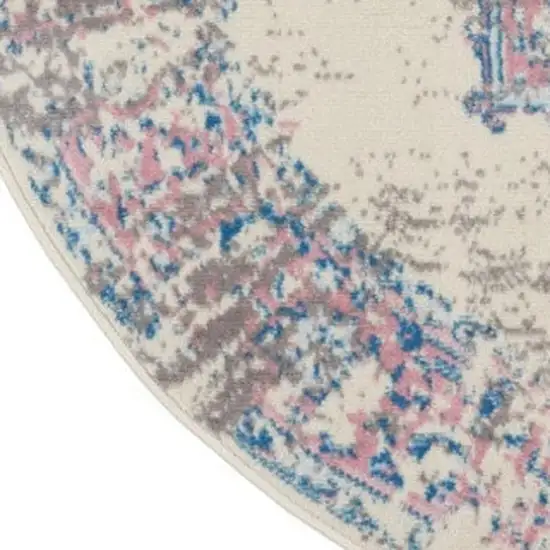 5' Ivory Pink and Blue Medallion Distressed Non Skid Round Rug Photo 3