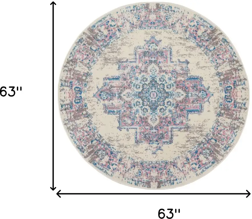 5' Ivory Pink and Blue Medallion Distressed Non Skid Round Rug Photo 3