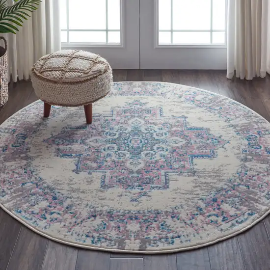 5' Ivory Pink and Blue Medallion Distressed Non Skid Round Rug Photo 5