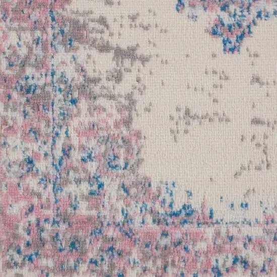6' Ivory Pink and Blue Medallion Distressed Runner Rug Photo 7