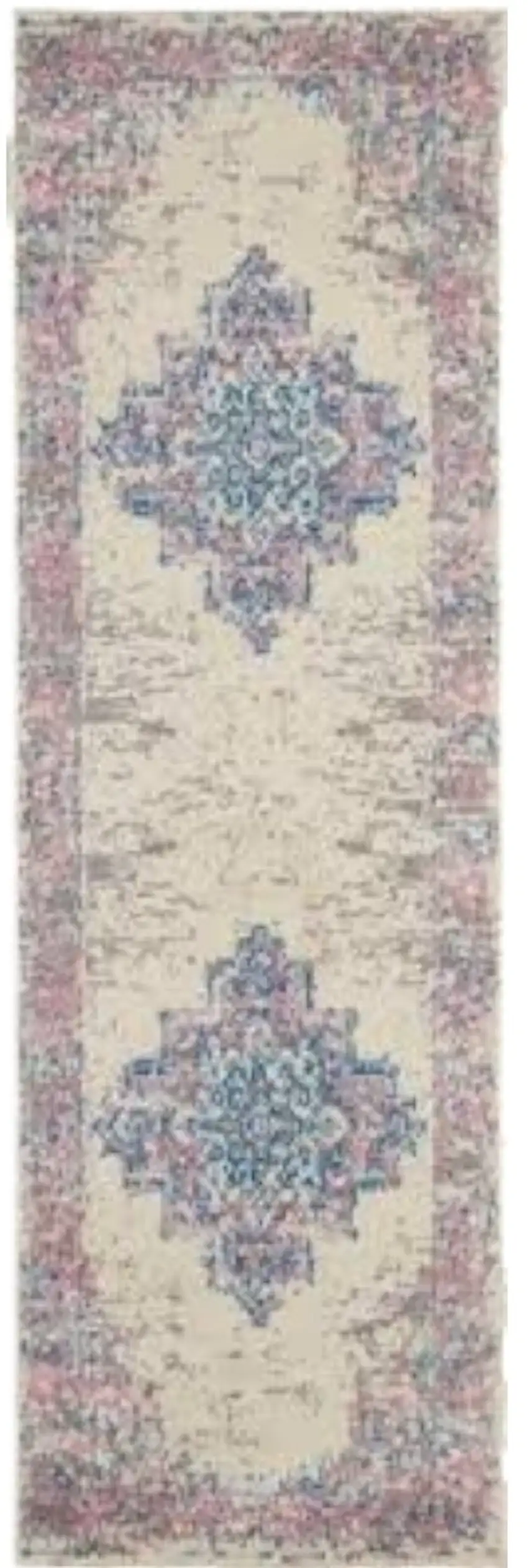 6' Ivory Pink and Blue Medallion Distressed Runner Rug Photo 2