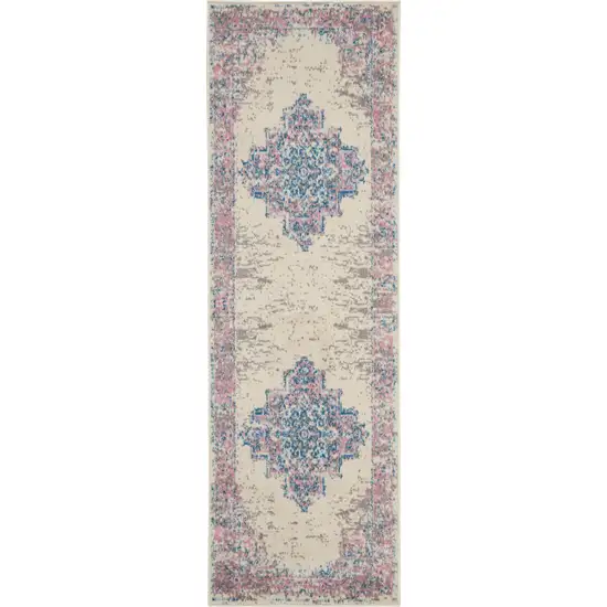 6' Ivory Pink and Blue Medallion Distressed Runner Rug Photo 1