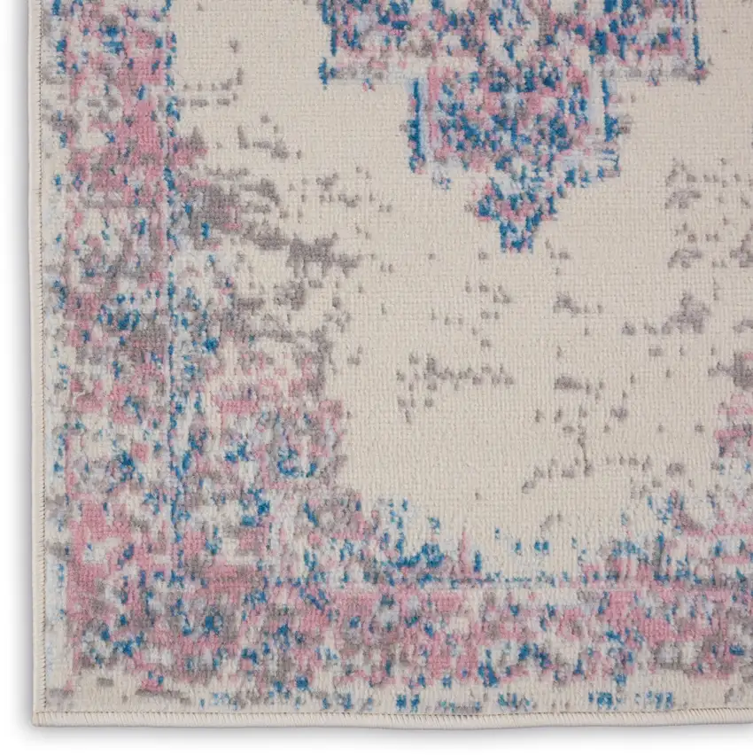 6' Ivory Pink and Blue Medallion Distressed Runner Rug Photo 7