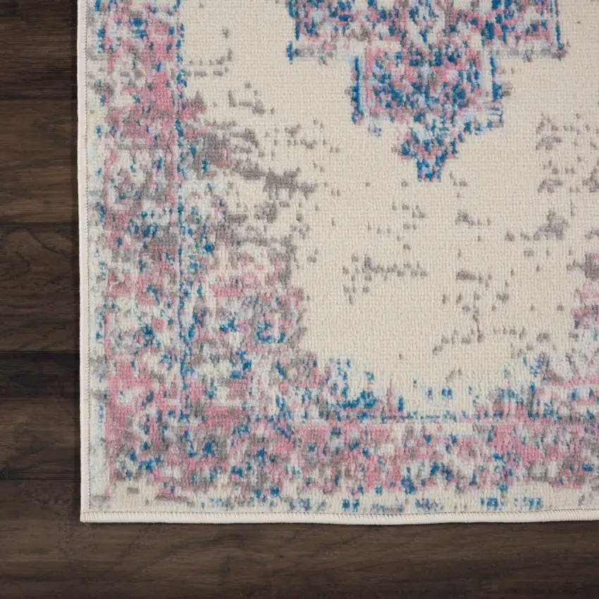 6' Ivory Pink and Blue Medallion Distressed Runner Rug Photo 9