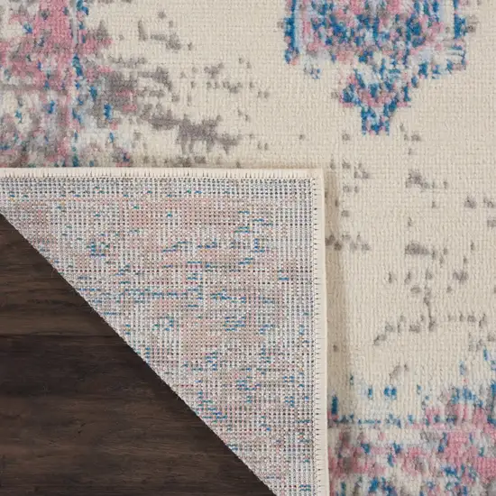 6' Ivory Pink and Blue Medallion Distressed Runner Rug Photo 8