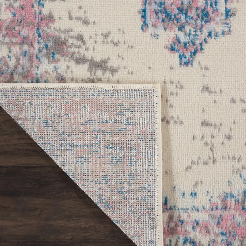 6' Ivory Pink and Blue Medallion Distressed Runner Rug Photo 8