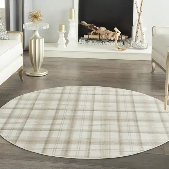 8' Ivory Plaid Power Loom Round Rug Photo 5