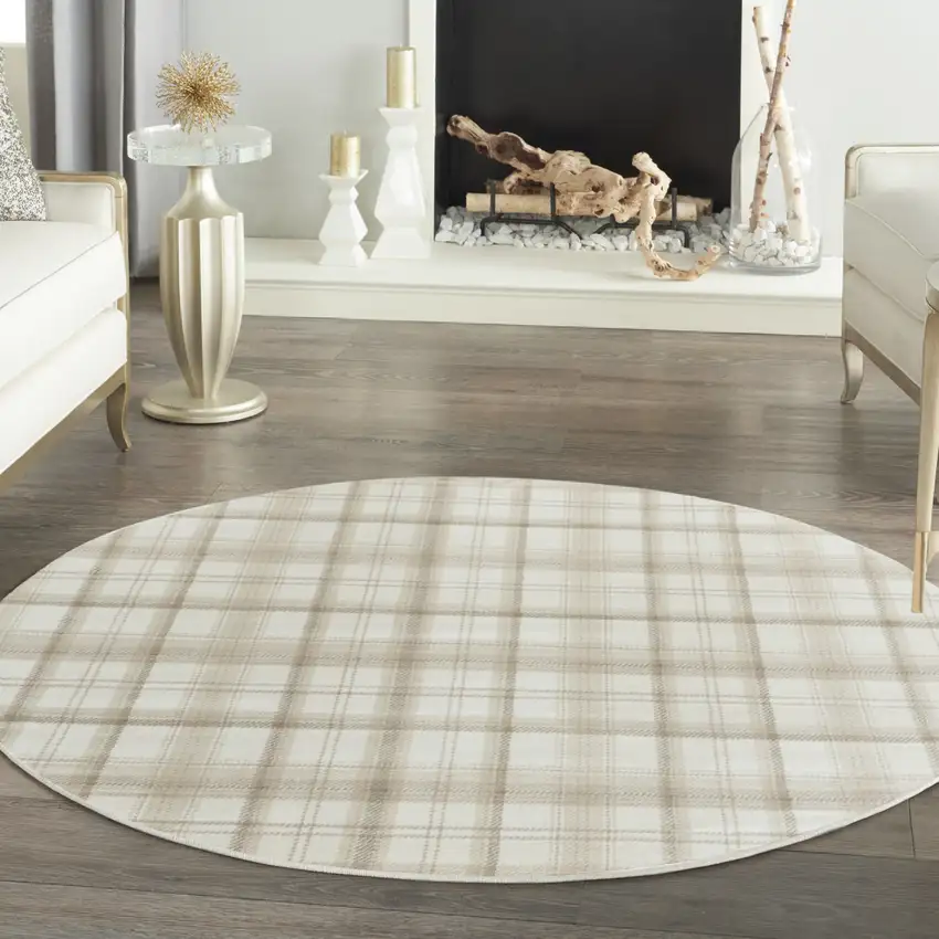 8' Ivory Plaid Power Loom Round Rug Photo 5