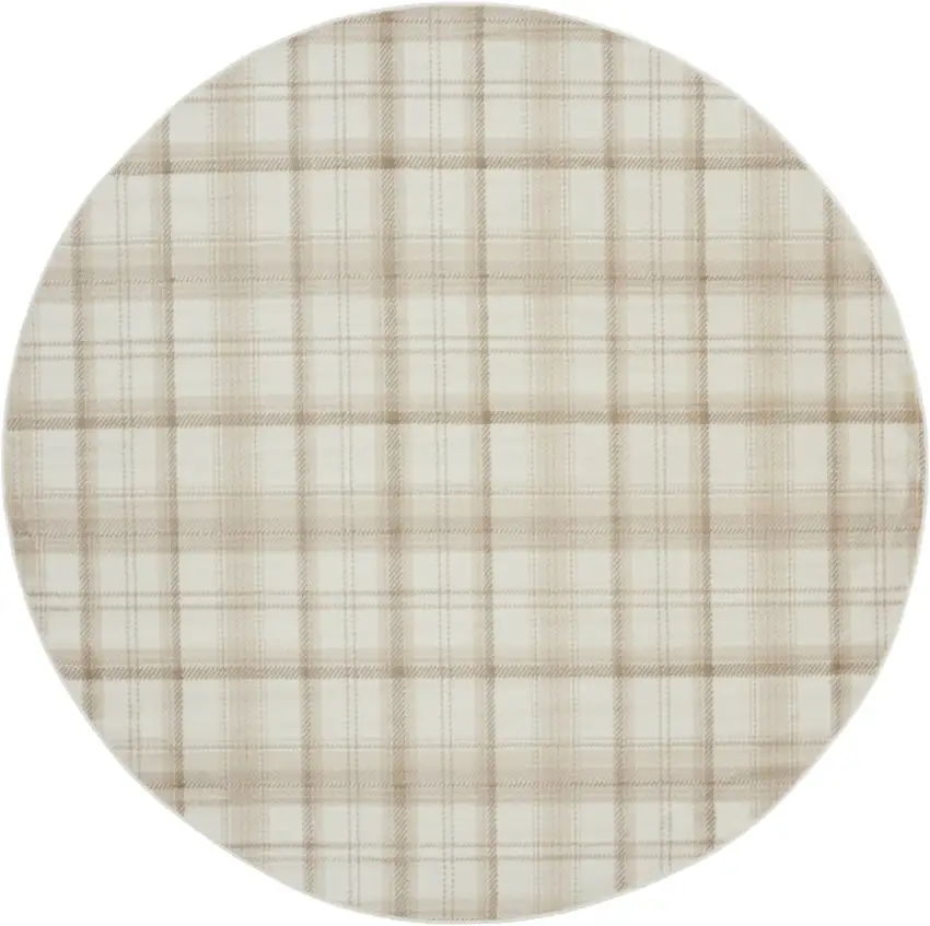 8' Ivory Plaid Power Loom Round Rug Photo 4
