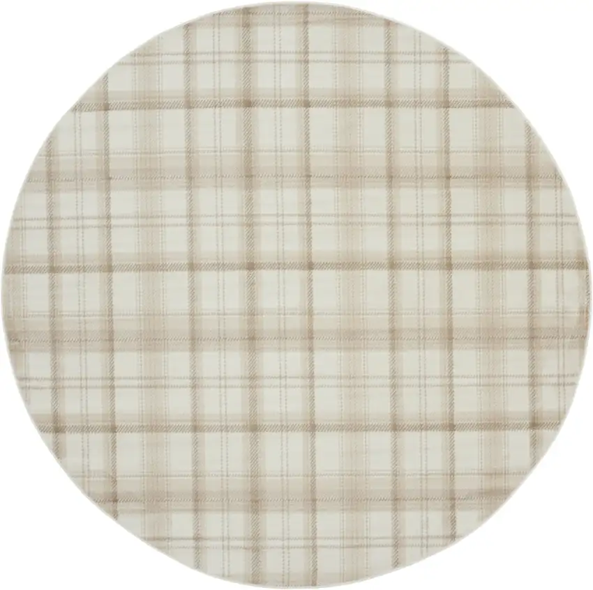 8' Ivory Plaid Power Loom Round Rug Photo 5
