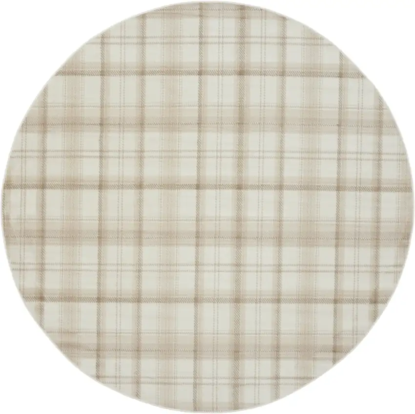 8' Ivory Plaid Power Loom Round Rug Photo 4