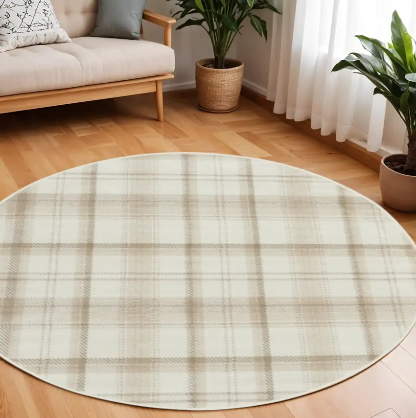 8' Ivory Plaid Power Loom Round Rug Photo 1
