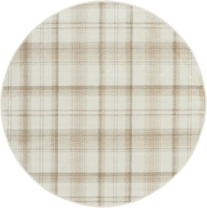 4' Ivory Plaid Power Loom Round Rug Photo 4