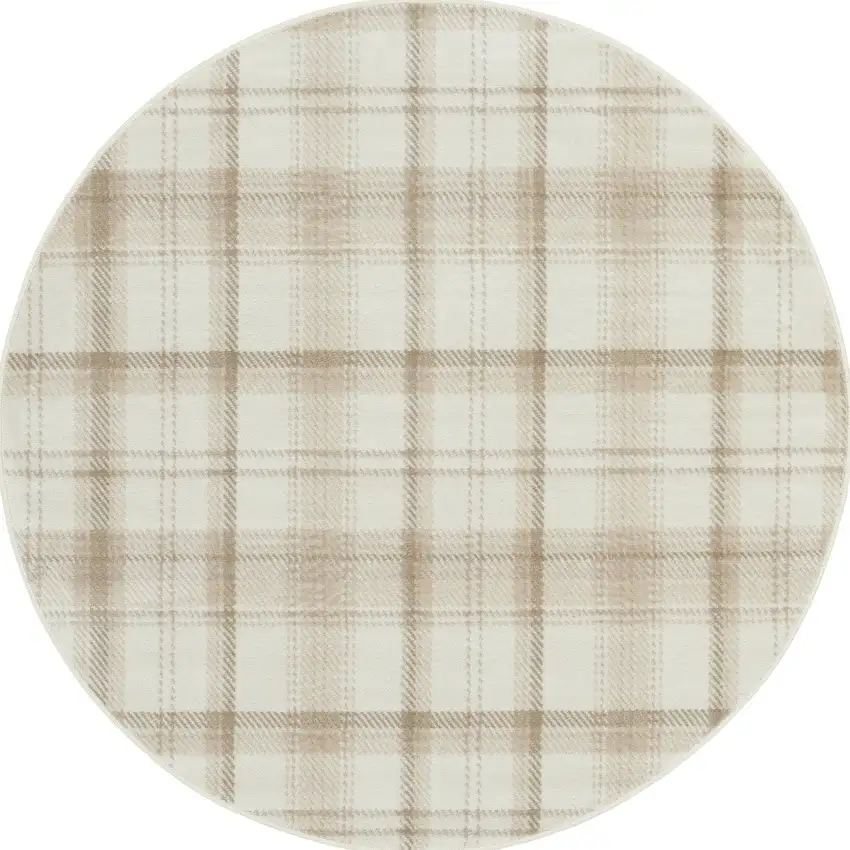 5' Ivory Plaid Power Loom Round Rug Photo 4