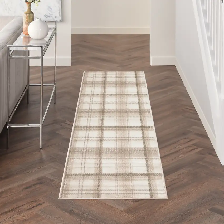 6' Ivory Plaid Power Loom Runner Rug Photo 5