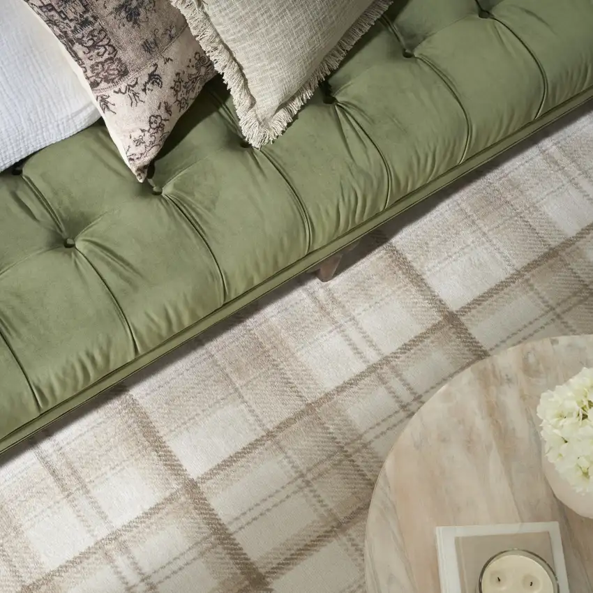6' Ivory Plaid Power Loom Runner Rug Photo 6