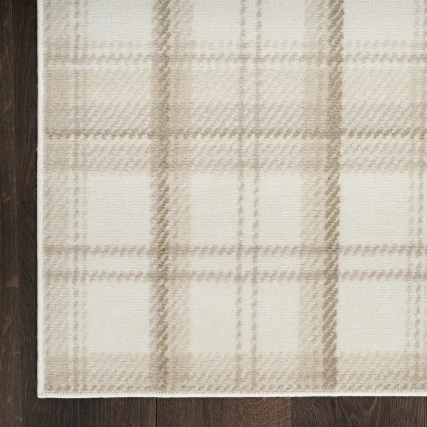 10' Ivory Plaid Power Loom Runner Rug Photo 8