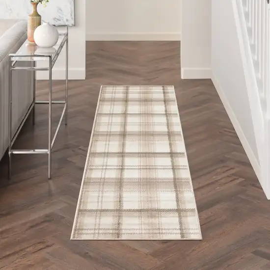 12' Ivory Plaid Power Loom Runner Rug Photo 4