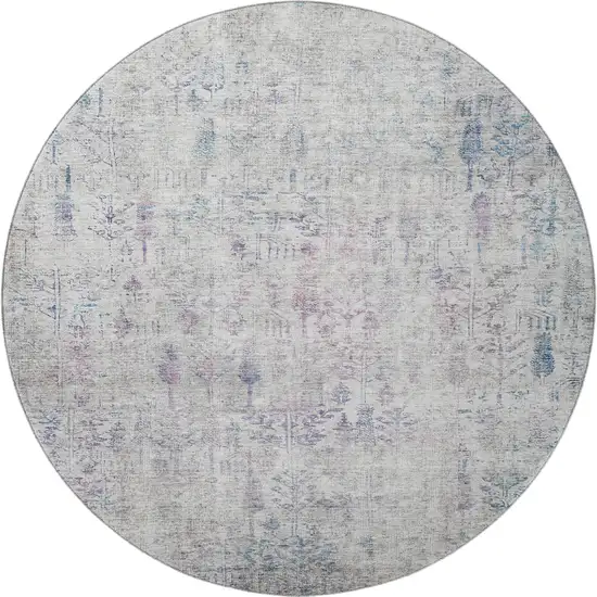8' Ivory Purple And Blue Floral Washable Round Rug With UV Protection Photo 2