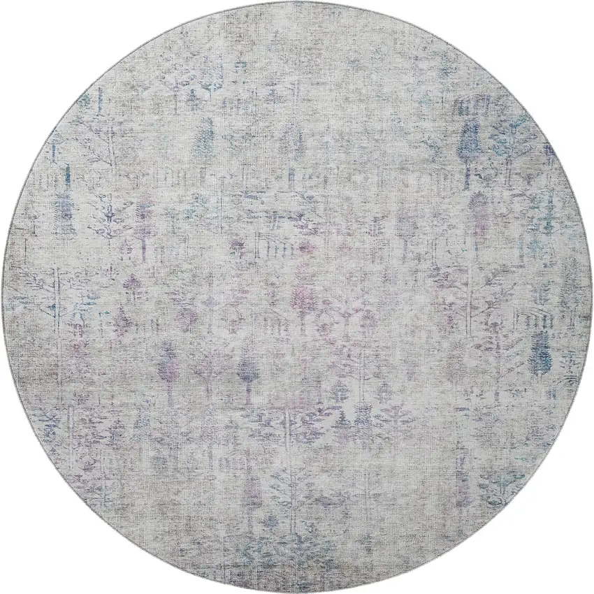 8' Ivory Purple And Blue Floral Washable Round Rug With UV Protection Photo 2