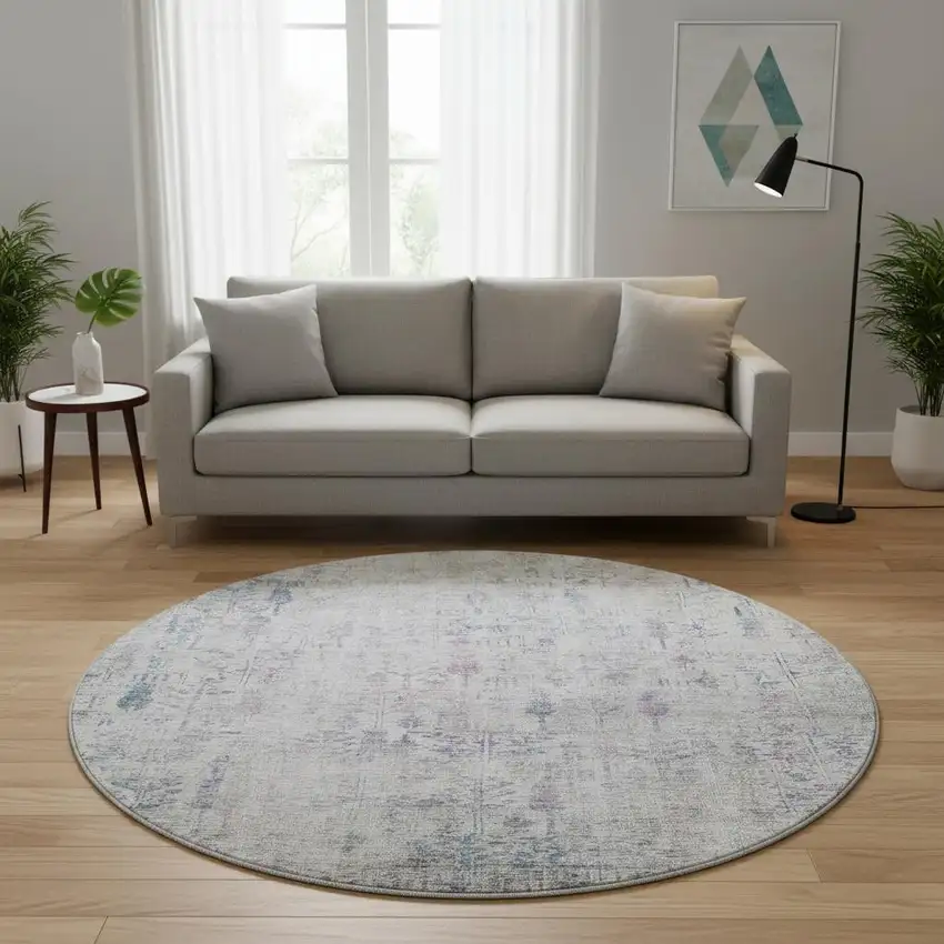 8' Ivory Purple And Blue Floral Washable Round Rug With UV Protection Photo 2