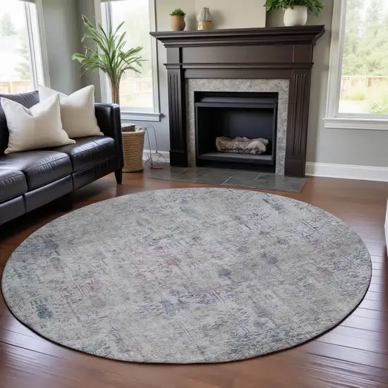 8' Ivory Purple And Blue Floral Washable Round Rug With UV Protection Photo 3