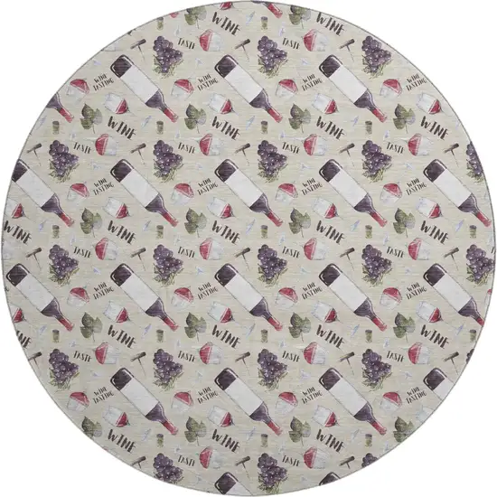 8' Ivory Purple And Green Geometric Washable Round Rug With UV Protection Photo 2