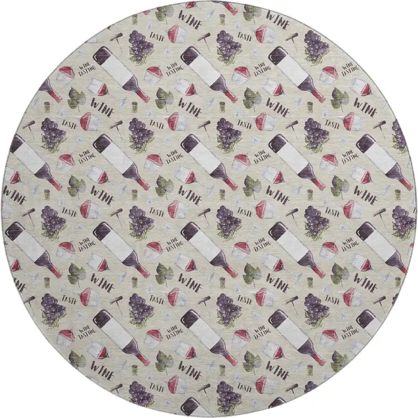 8' Ivory Purple And Green Geometric Washable Round Rug With UV Protection Photo 2