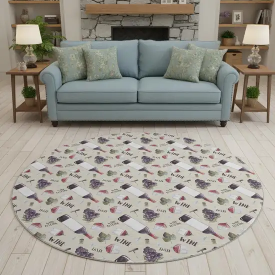 8' Ivory Purple And Green Geometric Washable Round Rug With UV Protection Photo 1