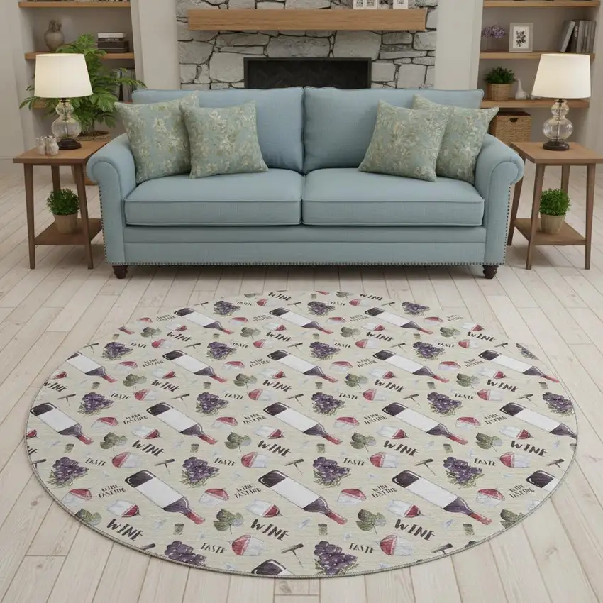 8' Ivory Purple And Green Geometric Washable Round Rug With UV Protection Photo 1
