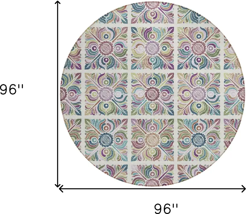 8' Ivory Purple And Teal Blue Round Medallion Washable Indoor Outdoor Area Rug Photo 3