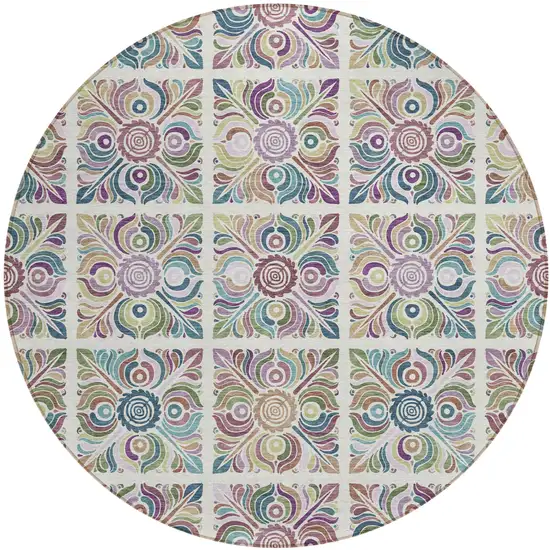 8' Ivory Purple And Teal Blue Round Medallion Washable Indoor Outdoor Area Rug Photo 2