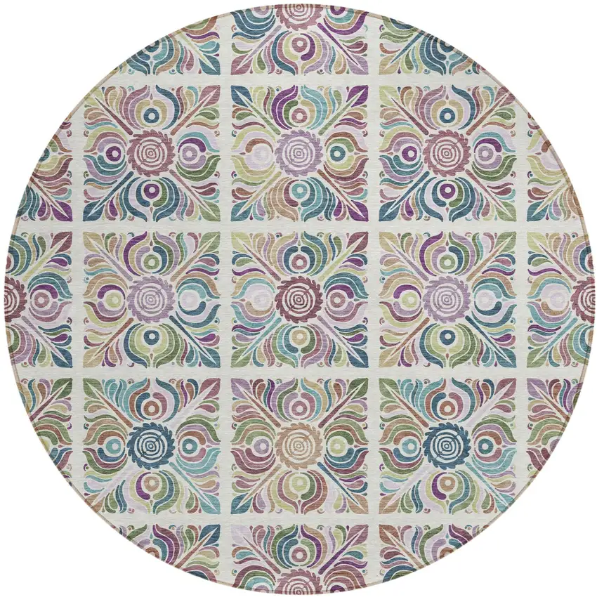 8' Ivory Purple And Teal Blue Round Medallion Washable Indoor Outdoor Area Rug Photo 2