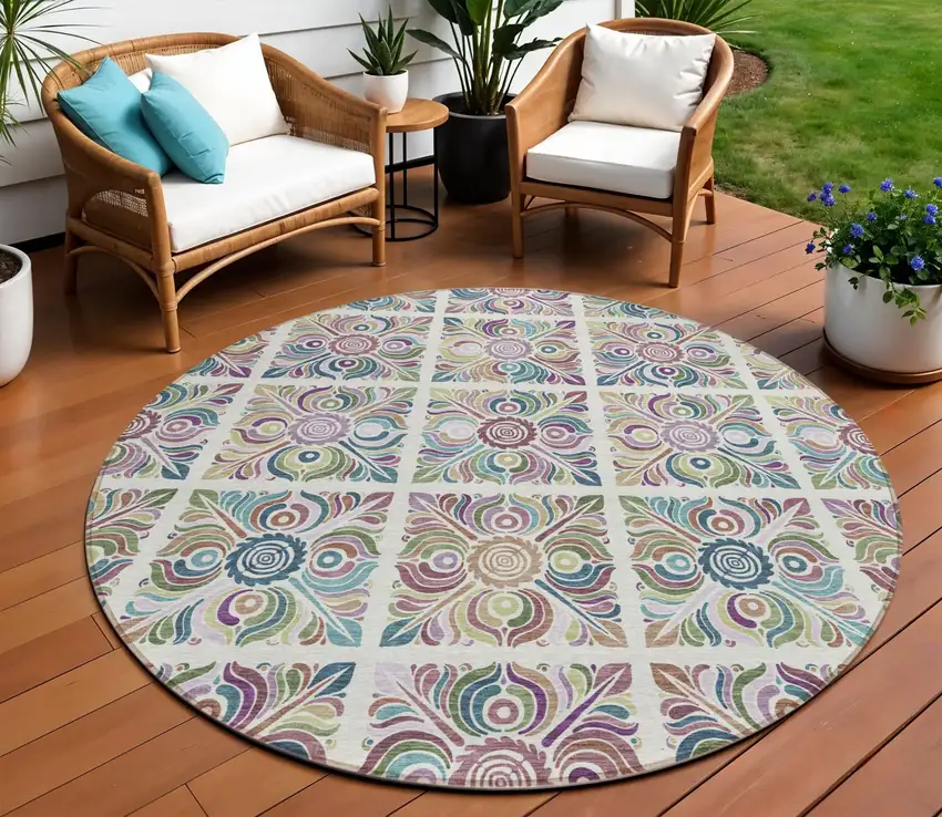 8' Ivory Purple And Teal Blue Round Medallion Washable Indoor Outdoor Area Rug Photo 1