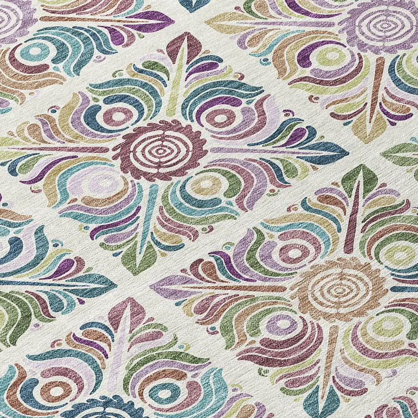 8' Ivory Purple And Teal Blue Round Medallion Washable Indoor Outdoor Area Rug Photo 8