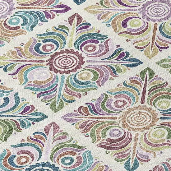 8' Ivory Purple And Teal Blue Round Medallion Washable Indoor Outdoor Area Rug Photo 8