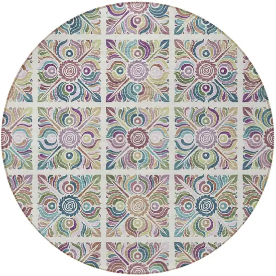 8' Ivory Purple And Teal Blue Round Medallion Washable Indoor Outdoor Area Rug Photo 5