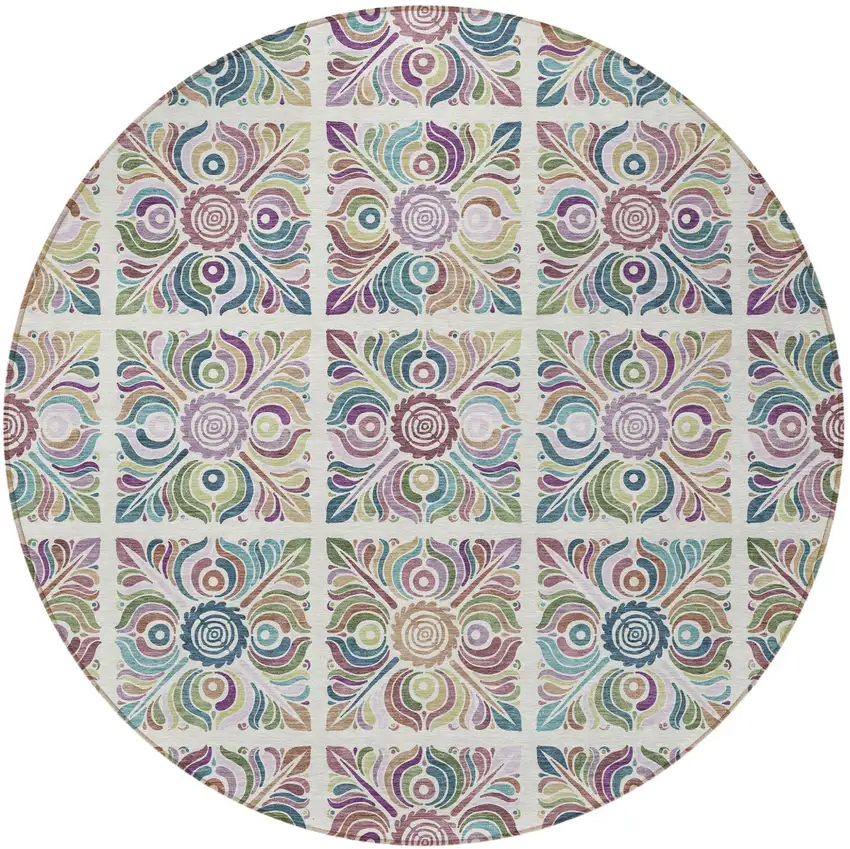 8' Ivory Purple And Teal Blue Round Medallion Washable Indoor Outdoor Area Rug Photo 5