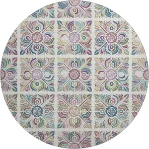 Photo of 8' Ivory Purple And Teal Medallion Washable Round Rug With UV Protection