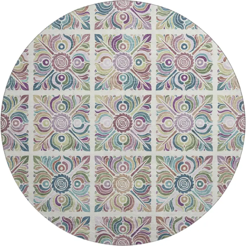 8' Ivory Purple And Teal Medallion Washable Round Rug With UV Protection Photo 1