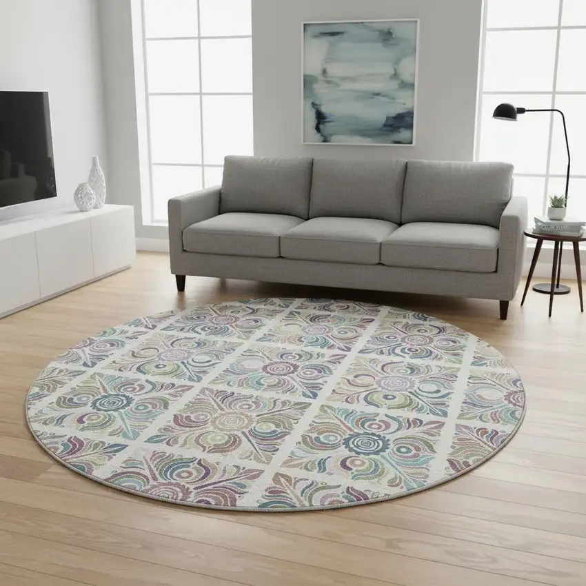 8' Ivory Purple And Teal Medallion Washable Round Rug With UV Protection Photo 2