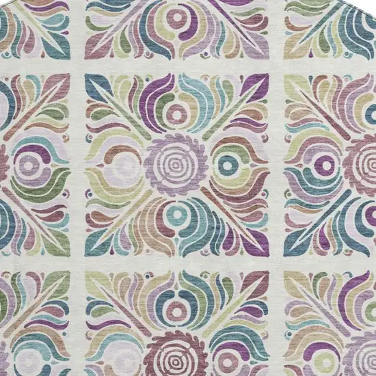 8' Ivory Purple And Teal Medallion Washable Round Rug With UV Protection Photo 3