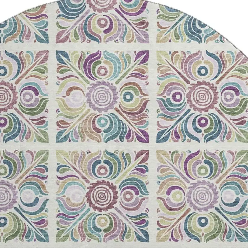 8' Ivory Purple And Teal Medallion Washable Round Rug With UV Protection Photo 4