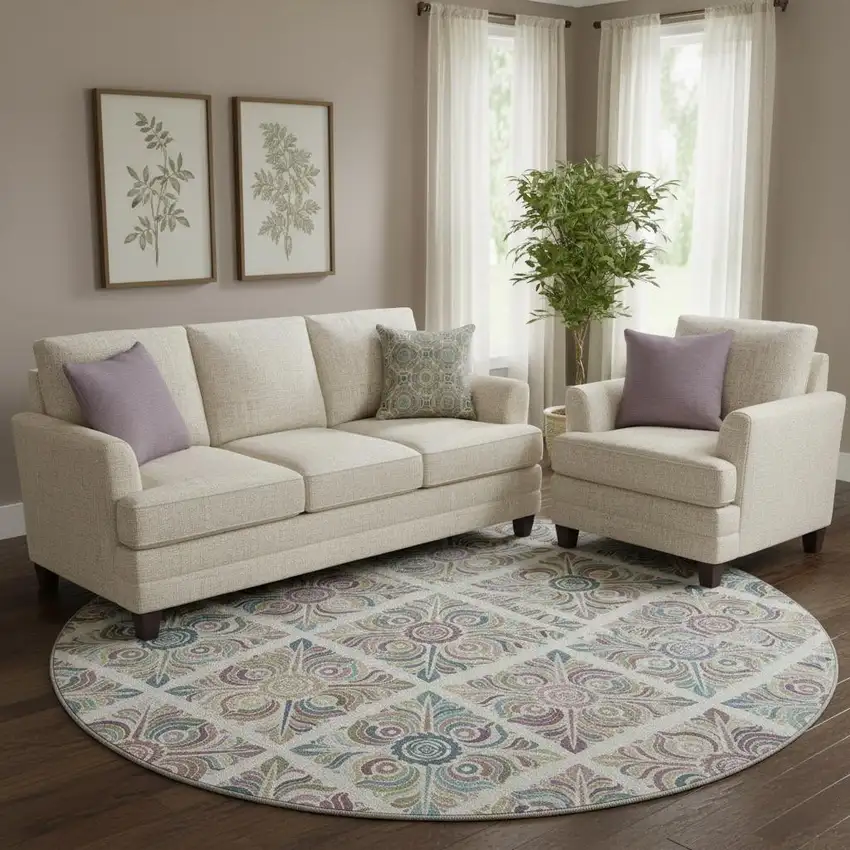 8' Ivory Purple And Teal Medallion Washable Round Rug With UV Protection Photo 1